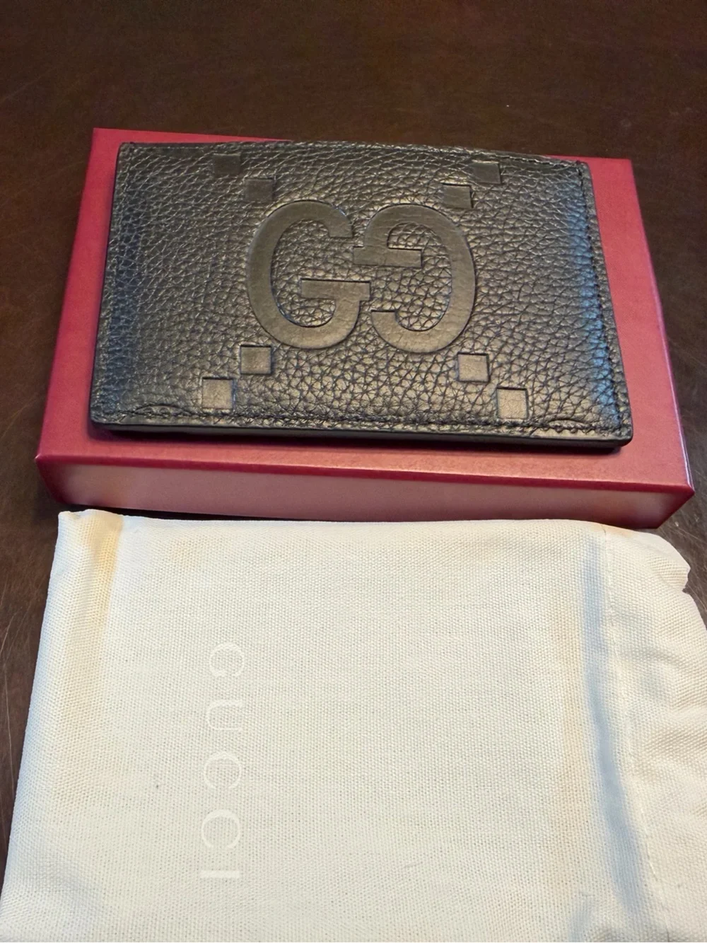 New Authentic Gucci GG Jumbo Logo Card Case Walllet Black Leather